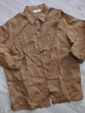 TOTOnKO Woman 100% Linen Button Front Shirt XL Brown Quarter Sleeve Oversized